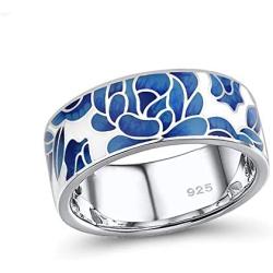Santuzza Blue Flower Enamel Rings for Women 925 Sterling Silver Trendy Gift Handmade Jewelry