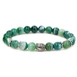 Crystal Agate Gemstone 8mm Round Beads with Silvery-Plated Alloy Buddha Head Hollow Petals Spacer Retro Stretch Bracelet 7 Inch