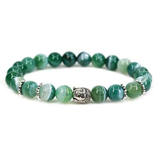 Crystal Agate Gemstone 8mm Round Beads with Silvery-Plated Alloy Buddha Head Hollow Petals Spacer Retro Stretch Bracelet 7 Inch