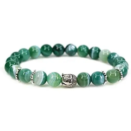 Crystal Agate Gemstone 8mm Round Beads with Silvery-Plated Alloy Buddha Head Hollow Petals Spacer Retro Stretch Bracelet 7 Inch