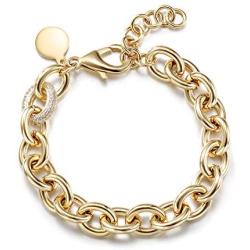 CIUNOFOR CZ Bracelet for Women Girls Wide Cuban Curb Oval Link Bracelet Silver Rose Gold Plated 9.5 Inches Stainless Steel Chain with Round Disc Charm