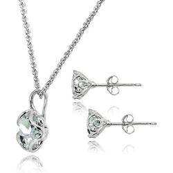 Sterling Silver Genuine or Synthetic Gemstone 6mm Round Fancy Solitaire Pendant Necklace and Stud Earrings Set for Women