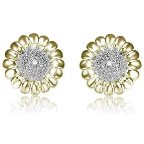 Sterling Silver Two-Tone CZ Sunflower Necklace and Earring Jewelry Set for Women