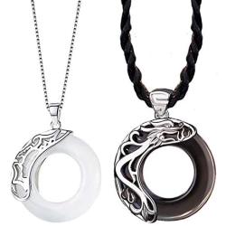 925 Sterling Silver Gemstone Round Obsidian Pendant Couple Necklaces 2PCS Lovers Gift Jewelry for Men Women