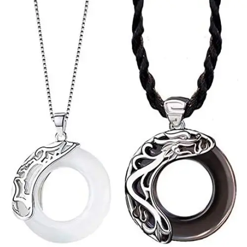 925 Sterling Silver Gemstone Round Obsidian Pendant Couple Necklaces 2PCS Lovers Gift Jewelry for Men Women