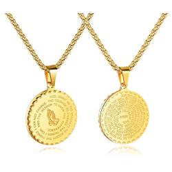 Bible Verse Prayer Gold Necklace with 21.6'' Chain Christian Jewelry Stainless Steel Praying Hands English Engraved Coin Medal Pendant
