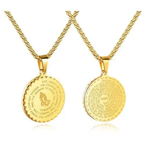 Bible Verse Prayer Gold Necklace with 21.6'' Chain Christian Jewelry Stainless Steel Praying Hands English Engraved Coin Medal Pendant