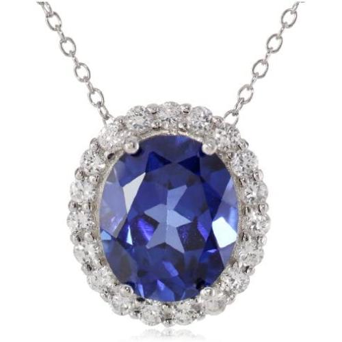 925 Sterling Silver Gemstone Birthstone and Created White Sapphire Oval Halo Pendant Necklace, 18''