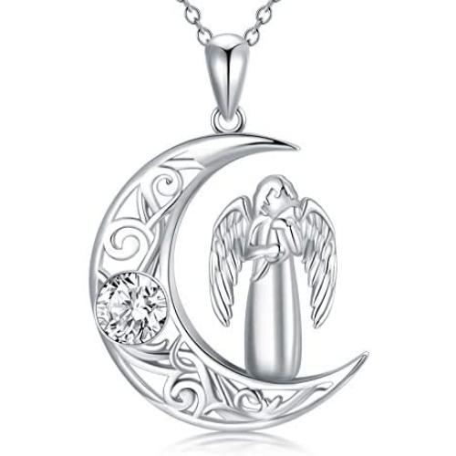 AOBOCO Sterling Silver Moon Cat Pendant Necklace with Crystals, Celtic Jewelry Birthday Cat Gifts for Women Her Cat Lover