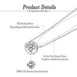 Sllaiss 925 Sterling Silver Swarovski Cubic Zirconia Solitaire Pendant Necklace White Round-Cut CZ Chain Necklace ,Fine Jewelry for Anniversary Christmas 16.5”+2”