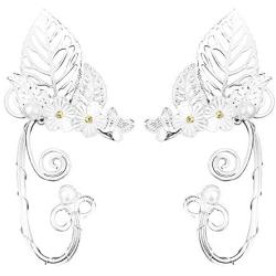 Elf Ears Cosplay Cuffs Earrings Christmas, POPGRAT No Piercing Clip on Silver Cuff Fairy Earrings Wrap Handmade Jewelry Costume Accessories for Women Girls Kids Adults - Fantasy Fairy Costume Wedding