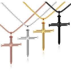 Nail Cross Necklace, 4PACK LE-SEKAI Simple Cross Necklace Plain Stainless Steel Cross Pendant Necklaces Fashion Christian Jewelry with 20'' Chain Gift for Men Women - Gold, Silver, Black & Rose Gold