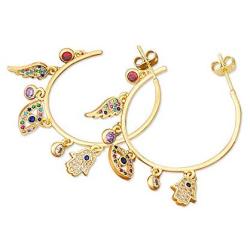 OUCHUANG Evil Eye Palm Wing Earrings Jewelry Gift for Women Girls with14K Gold CZ Large Circle, Womens Crystal Jewelry