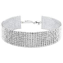 Zealmer Wide Fake Diamond Choker 8 Row White Gold Plated