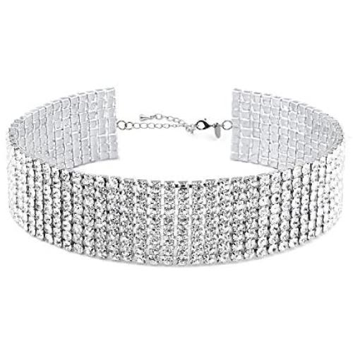 Zealmer Wide Fake Diamond Choker 8 Row White Gold Plated