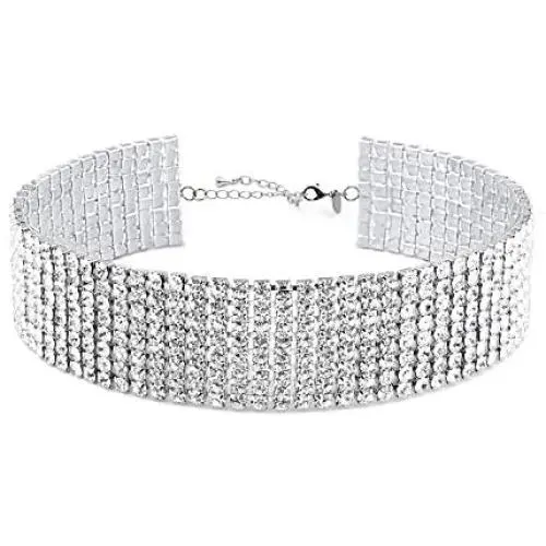 Zealmer Wide Fake Diamond Choker 8 Row White Gold Plated