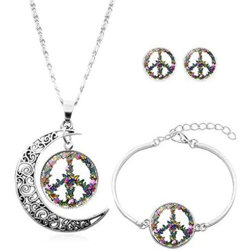 Floral Peace Sign Necklace Bracelet Earring Set