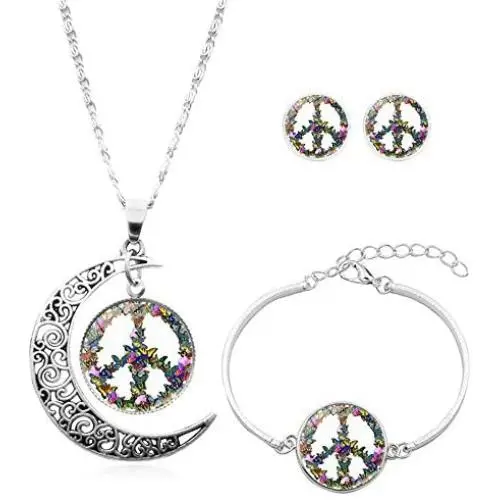 Floral Peace Sign Necklace Bracelet Earring Set