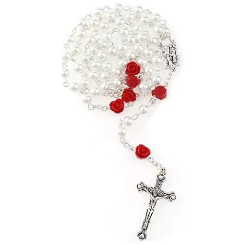 Rosary Beads Catholic, Confirmation Gifts for Teenage Girl, Rosary Necklace, Artificial Pearls and Polymer Clay Rose Necklace Jewelry, Silver Alloy Cross Necklace for Women, YWLI Rosary Beads Catholic, Confirmation Gifts for Teenage Girl, Rosary Necklace, Artificial Pearls and Polymer Clay Rose Necklace Jewelry, Silver Alloy Cross Necklace for Women, YWLI