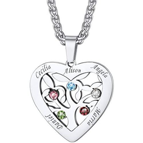 U7 Mother Necklace Personalized Engrave Name Jewelry|2/3/4/5/6/7 Children Friend Family Names Necklace with Birthstone for Women Girls,Pendant for Mom Grandma,Wife