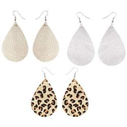 Delicate 3 Pairs Leaf Teardrop Earring Genuine Gold Silver Leather Leopard Print Lightweight Dangle Earrings Women Jewelry Set