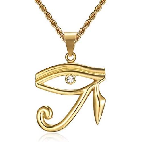 Lee Island Fashion 24K Gold Plated CZ Eye of Horus Egyptian Protection Pendant Stainless Steel Necklace, 24 Inch Chain Eye of Providence/All-Seeing-Eye Jewelry