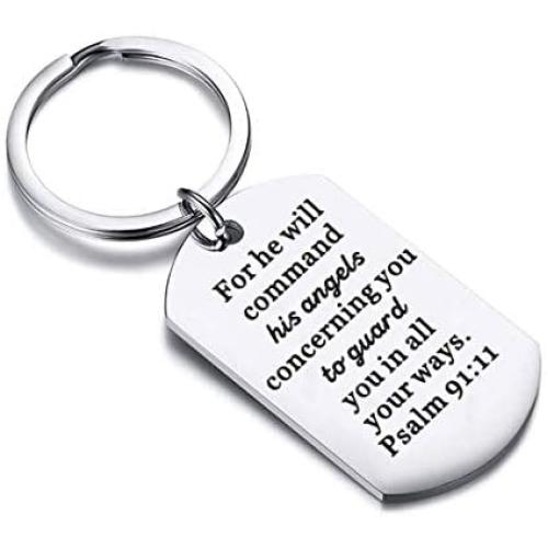 CENWA Bible Verse Keychain for He Will Command His Angels Concerning You to Guard You in All Your Ways Religious Jewelry Christian Gift Psalm 91:11 Gift