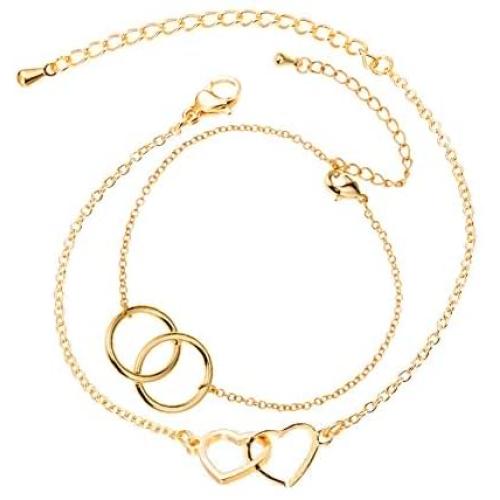 The Woos Double Heart Kont Round Circle Chain Friendship Bracelet Two Interlocking Infinity Love Charm Bracelets Adjustable Hollow Heart Interlock Bracelet Bangle for Best Friends Mother Jewelry
