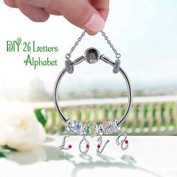 FOREVER QUEEN 925 Sterling Silver A-Z Letter Initial Dangle Beads Charm Red Zircon Alphabet Pendants for Snake Chain Bracelets Necklace Gift Jewelry for Mother