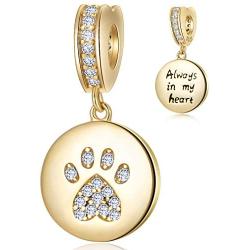 Always in My Heart Sparkling Paw Print Dangle Charm 925 Sterling Silver Dog Cat Charms Beads with CZ Stones Compatible with Pandora Charm Bracelet Necklace Gift for Women/Wife/Mother/Pet Lover