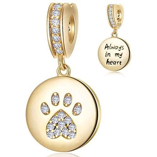 Always in My Heart Sparkling Paw Print Dangle Charm 925 Sterling Silver Dog Cat Charms Beads with CZ Stones Compatible with Pandora Charm Bracelet Necklace Gift for Women/Wife/Mother/Pet Lover