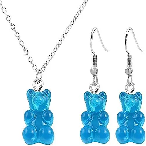 Twinkling Gummy Bear Earrings Necklace Set Multicolor Cartoon Resin Bears Bib Tassel Pendant Necklace Jewelry for Women Girls