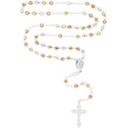 Solid Sterling Silver Tricolor Diamond Cut 3mm-5mm Italian Virgin Mary Rosary Bead Cross Necklace | Made In Italy | 925 Sterling Silver Rosary Y Necklace Chain for Women And Men