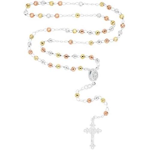 Solid Sterling Silver Tricolor Diamond Cut 3mm-5mm Italian Virgin Mary Rosary Bead Cross Necklace | Made In Italy | 925 Sterling Silver Rosary Y Necklace Chain for Women And Men