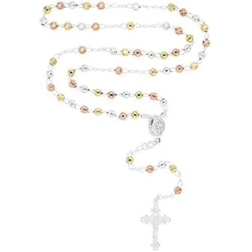 Solid Sterling Silver Tricolor Diamond Cut 3mm-5mm Italian Virgin Mary Rosary Bead Cross Necklace | Made In Italy | 925 Sterling Silver Rosary Y Necklace Chain for Women And Men Solid Sterling Silver Tricolor Diamond Cut 3mm-5mm Italian Virgin Mary Rosary Bead Cross Necklace | Made In Italy | 925 Sterling Silver Rosary Y Necklace Chain for Women And Men