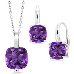 Gem Stone King 925 Sterling Silver Purple Amethyst Pendant Earrings Set For Women (7.20 Ct Cushion Cut with 18 Inch Silver Chain)
