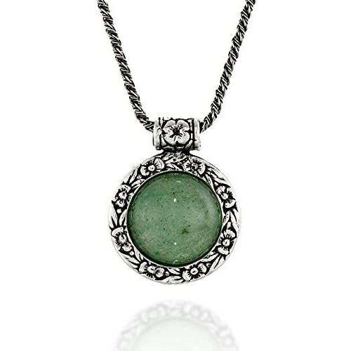 Stera Jewelry Antique Style Floral Design Round Gemstone Pendant Sterling Silver Necklace, 20 Inches