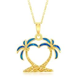 Created Blue/White Opal Heart Shaped Palm Tree Silver/14k Gold/14k Rose Gold Plated Sterling Silver Pendant 18’’ Necklace Jewelry for Women or Teens