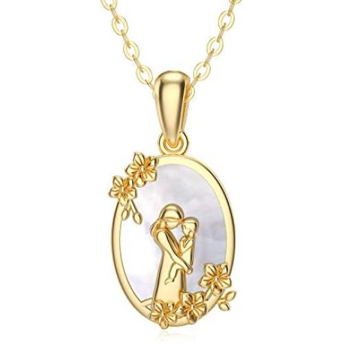 10K 14K 18K Yellow Gold Mother and Child Pendent Necklace with White Shellfish for Mother Mom, 14K Solid Gold Necklace Jewelry Gift for Mom, Wife