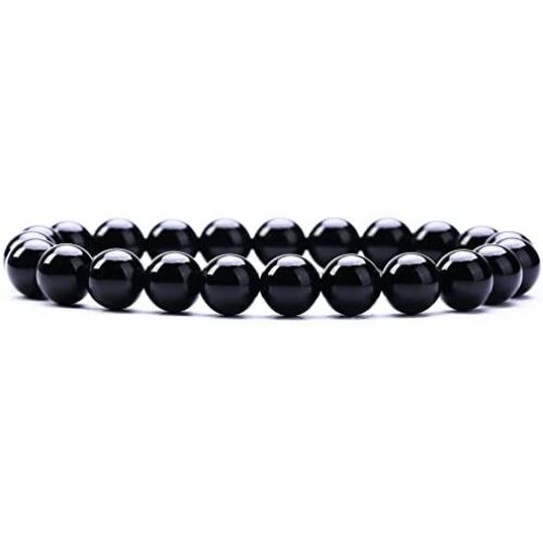 Natural Gemstone Semi Precious Round Beads Bracelet 8mm Handmade Stretch Bracelet Unisex Jewelry (AAA Black Agate)