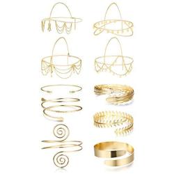 LOLIAS 10Pcs Gold Head Chain and Arm Cuff Upper Arm Band Cuff Bracelet Set for Women Bridal Bohemian Gypsy Headpiece Halloween Jewelry Simple Adjustable Armband Gold Chain Headband Set