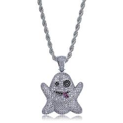 TOPGRILLZ Iced out CZ Cluster Lab Diamond Ghost Pendant 24” Stainless Steel Necklace Hip Hop