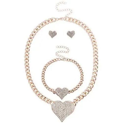 LUX ACCESSORIES Bling Heart Chain Earring Bracelet Necklace Jewelry Gift Set 3PC