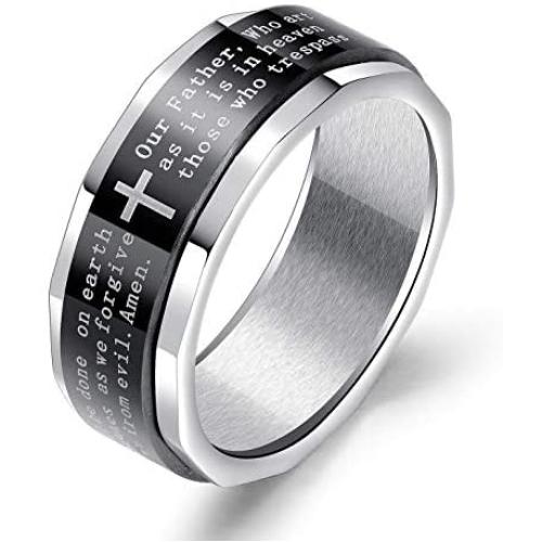 Bible Verse Christian Lords Prayer Ring for Men, Religious Cross Ring, Spinner Ring, Amulet Ring, Stainless Steel Ring, Baptism Christian Jewelry Gift for Men Boys