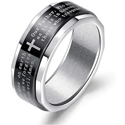 Bible Verse Christian Lords Prayer Ring for Men, Religious Cross Ring, Spinner Ring, Amulet Ring, Stainless Steel Ring, Baptism Christian Jewelry Gift for Men Boys