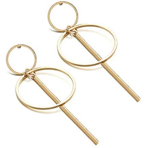 Big Double Circle Bar Hoop Dangle Earrings for Women Girls, Gold Simple Round Gold Fashion Jewelry