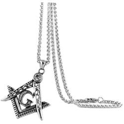 HZMAN Mens Cubic Zirconia Freemason Symbol Masonic Stainless Steel Pendant Necklace 22+2 inch Chain