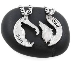 NameCoins Howling Wolf Necklaces for 2, Father and Son, Matching Son and Dad Pendants, Family Jewelry, Hand Cut Coin