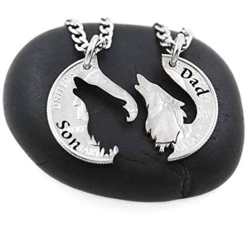NameCoins Howling Wolf Necklaces for 2, Father and Son, Matching Son and Dad Pendants, Family Jewelry, Hand Cut Coin