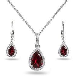 Sterling Silver Genuine, Created or Simulated Gem Teardrop Halo Dangling Necklace & Leverback Earrings